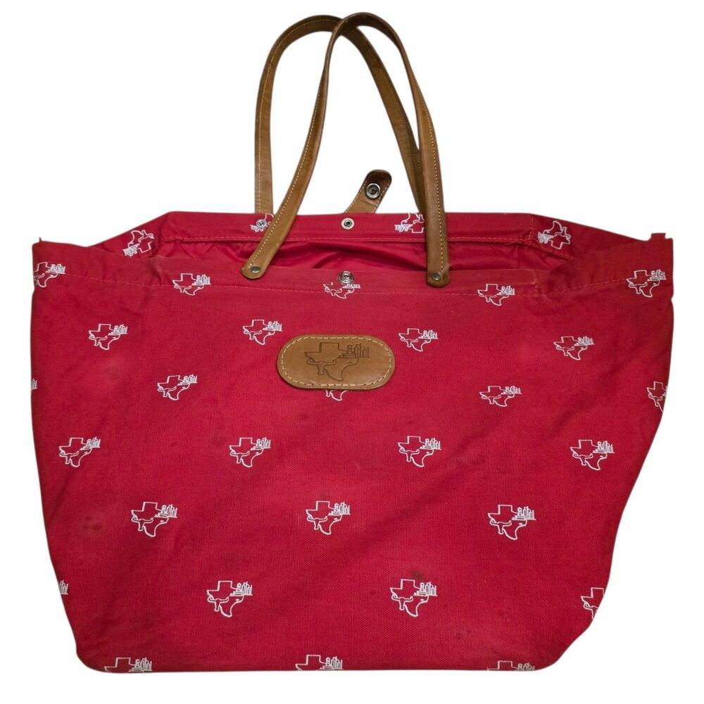 Red Texas State Shape Canvas Tote Bag Brown Leather Straps Longhorn Print